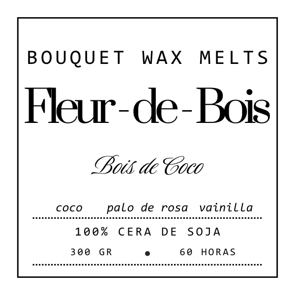 La cera fundida Fleur-de-Bois "Ramo de Rosas Clásico de Cera de Soja BOIS DE COCO" mezcla coco, palo de rosa y vainilla en cera 100% de soja (300 g, 60 h). Texto negro sobre etiqueta blanca. Un regalo romántico perfecto con notas florales.