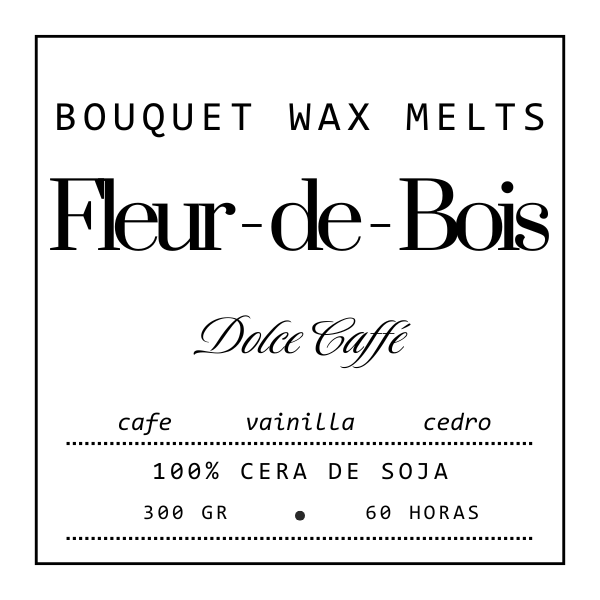 Etiqueta minimalista para Fleur-de-Bois Ramo de Flores Margaritas Clásico de Cera de Soja DOLCE CAFFÉ: fundidos florales con notas de café, vainilla y cedro. Cera 100% de soja, 300 g, 60 h de uso-ideal como regalo romántico.
