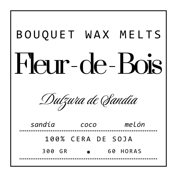 Etiqueta cuadrada para Fleur-de-Bois Ramo de Flores Margaritas Clásico de Cera de Soja DULZURA DE SANDÍA. Aroma: sandía, coco y melón. 100% cera de soja, 300g, dura 60h-ideal como regalo romántico.
