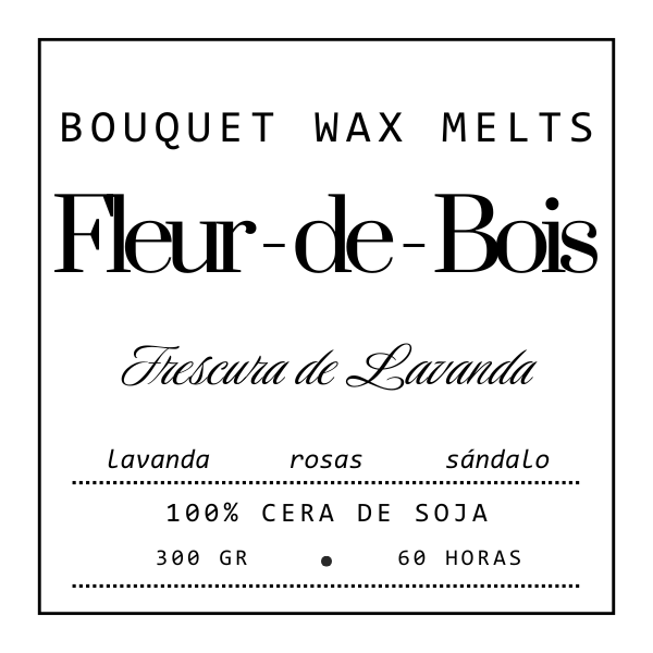 Elegante etiqueta en blanco y negro para Fleur-de-Bois Ramo de Flores Margaritas Clásico de Cera de Soja FRESCURA DE LAVANDA-velas derretidas florales con lavanda, rosas y sándalo. 100% soja, 300g, 60 horas de aroma; ideal regalo romántico.