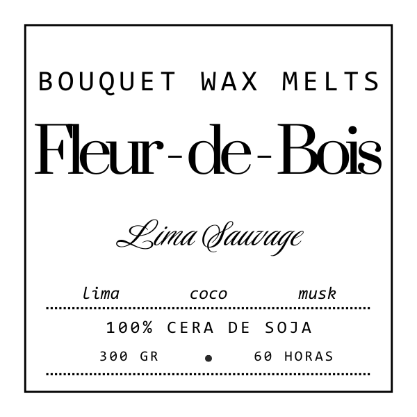 Diseño de etiqueta cuadrada para Fleur-de-Bois Ramo de Flores Margaritas Clásico de Cera de Soja, aroma LIMA SAUVAGE con notas de lima, coco y almizcle. 100% cera de soja, 300g, 60 hrs. Texto negro sobre fondo blanco. Ideal como regalo romántico.