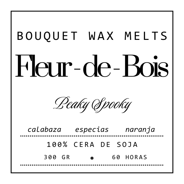 Etiqueta cuadrada para Fleur-de-Bois Ramo de Flores Margaritas Clásico de Cera de Soja by PEAKY SPOOKY. 300 g, 100% cera de soja, aromas de calabaza, especias y naranja. Dura 60h-ideal como regalo romántico.