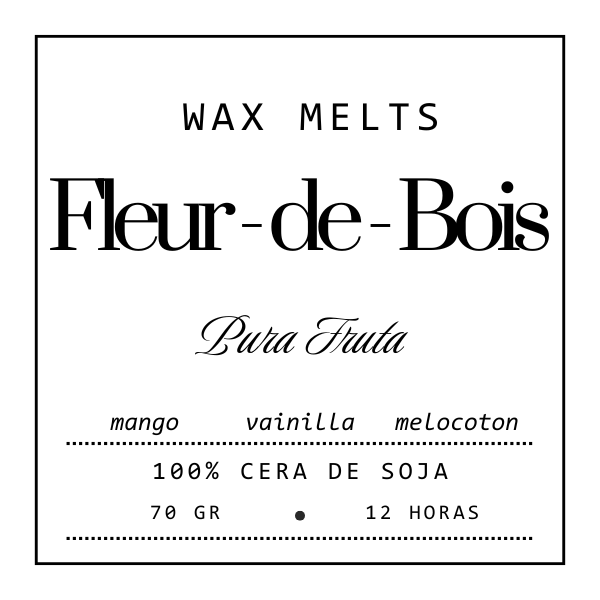 Etiqueta para Wax Melts Barra de chocolate Fleur-de-Bois PURA FRUTA: aromas de mango, vainilla y melocotón, 100% cera de soja, 70 g y 12 h de aroma. Un regalo personalizado o para disfrutar hechos a mano.