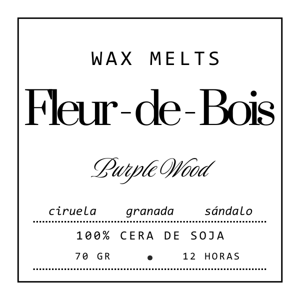 Etiqueta en blanco y negro para Wax Melts Barra de chocolate Fleur-de-Bois PURPLE WOOD, con aroma a ciruela, granada y sándalo, cera de soja 100%, 70g y duración de 12 horas; diseño moderno minimalista-ideal como regalo personalizado.