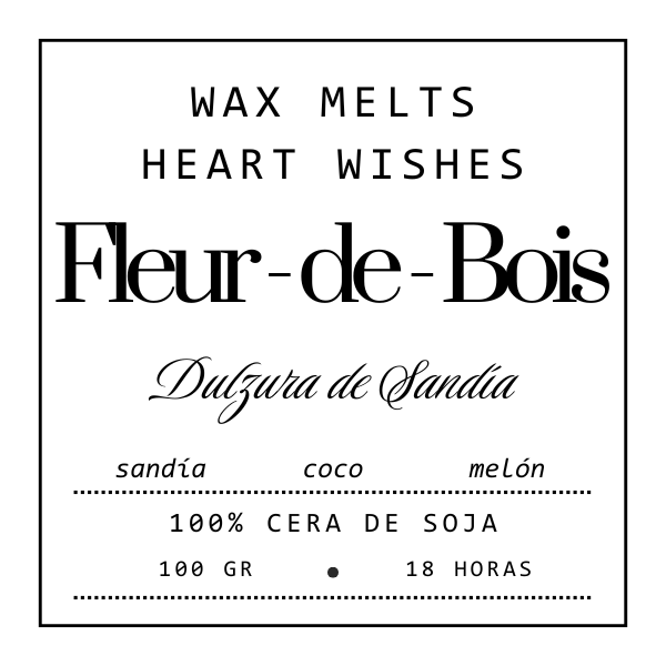 Etiqueta cuadrada para Wax Melts Esencias en Miniatura HEART WISHES Fleur-de-Bois DULZURA DE SANDÍA: fragancia de sandía, coco y melón. 100% cera de soja, 100g, duración 18 hrs. Marca: Fleur-de-Bois.