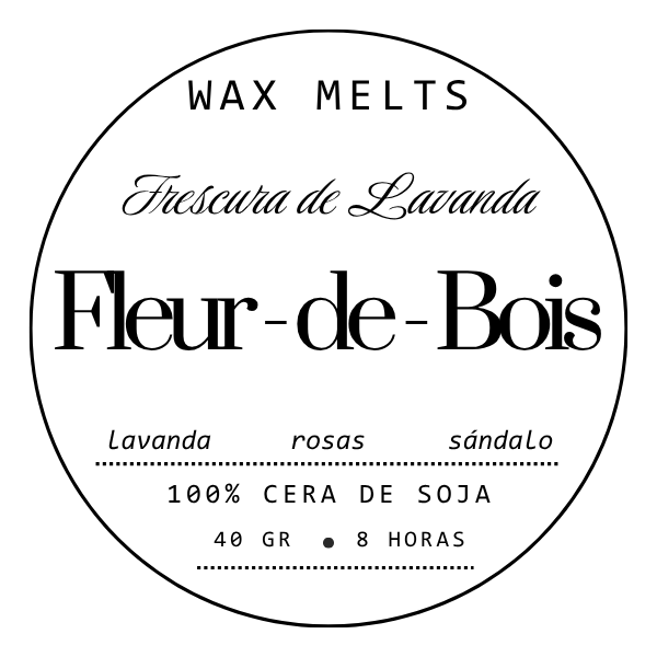 Etiqueta redonda en español para Wax Melts Láminas Aromáticas Fleur-de-Bois FRESCURA DE LAVANDA: Lavanda, rosas, sándalo. Fragancias premium con 100% cera de soja, 40g y hasta 8 horas de duración.