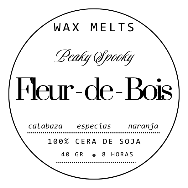 El label redondo para Wax Melts Láminas Aromáticas Fleur-de-Bois PEAKY SPOOKY de la marca Fleur-de-Bois destaca calabaza, especias, naranja y 100% cera de soja (40g/8h), con tipografía minimalista negra en fondo blanco.
