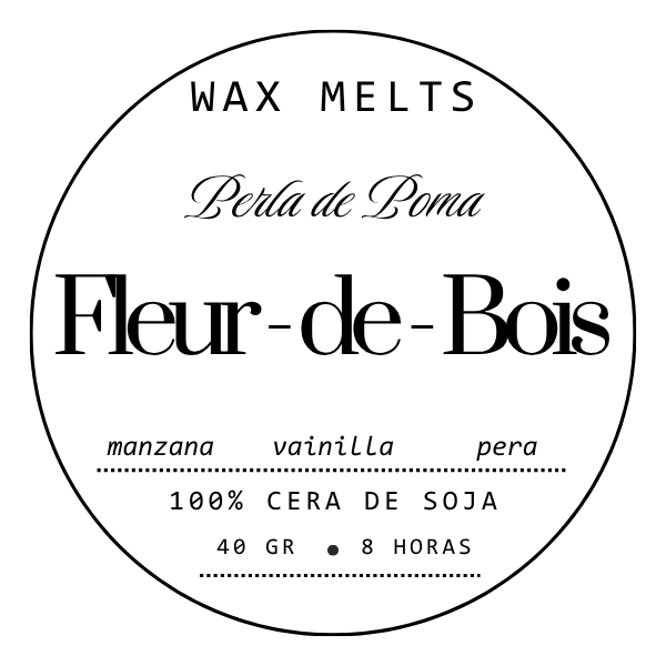 Etiqueta redonda para Wax Melts Láminas Aromáticas Fleur-de-Bois PERLA DE POMA de Fleur-de-Bois. Texto negro sobre blanco: fragancias elegantes, manzana, vainilla, pera, 100% cera de soja, 40g, 8h.