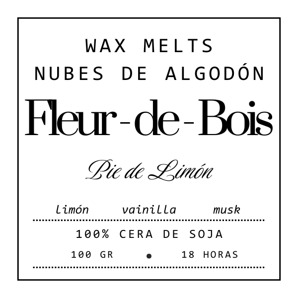 Etiqueta blanca para Wax Melts Esencias en Miniatura NUBES DE ALGODÓN PIE DE LIMÓN de Fleur-de-Bois. Notas de limón, vainilla y almizcle. Cera de soja 100g. Fragancia duradera hasta 18 horas. Texto en español, elegante y claro.