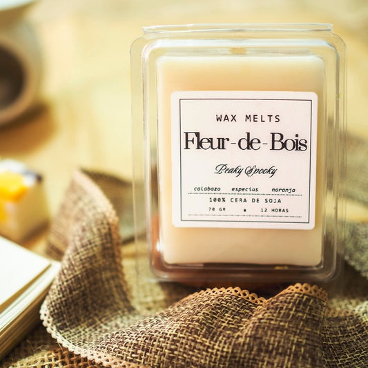Un paquete de Fleur-de-Bois Wax Melts Barra de chocolate PEAKY SPOOKY descansa sobre arpillera. La etiqueta destaca notas de calabaza, especias y naranja. El fondo suavemente difuminado brilla con luz cálida.