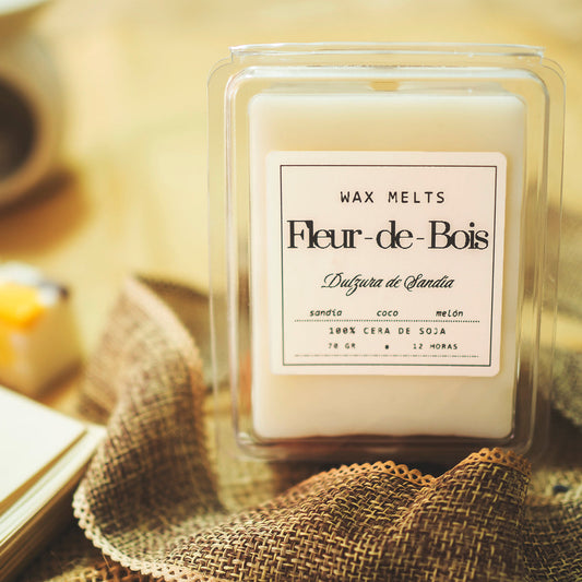 Un paquete de Wax Melts Barra de chocolate Fleur-de-BoisDULZURA DE SANDÍA descansa sobre arpillera; la etiqueta destaca un aroma a sandía, coco y melón, 100% cera de soja, 78 g, con una duración de 12 horas, ideal como regalo personalizado.