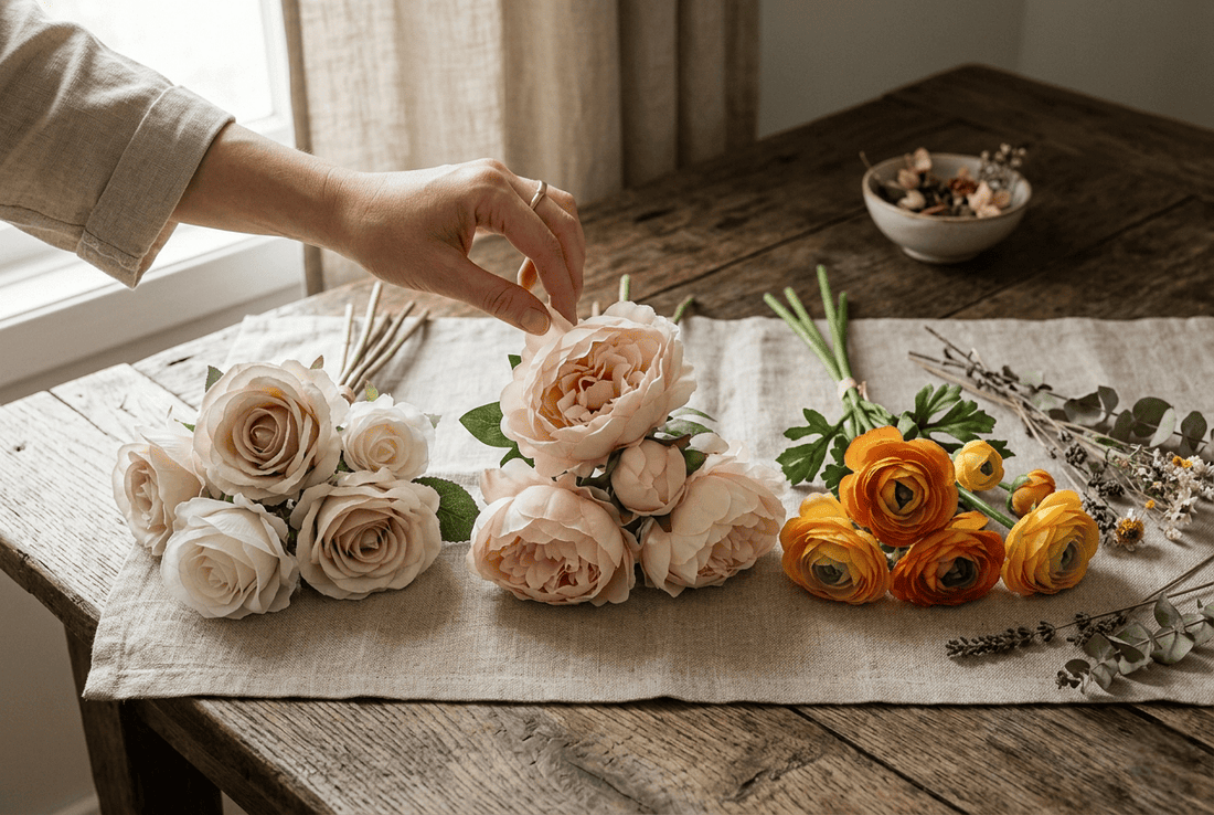 Comparativa de tipos de flores artificiales por textura: tipo seda, real touch y plástico sobre madera rústica