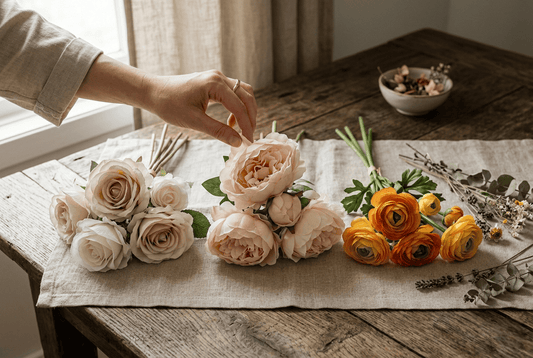 Comparativa de tipos de flores artificiales por textura: tipo seda, real touch y plástico sobre madera rústica