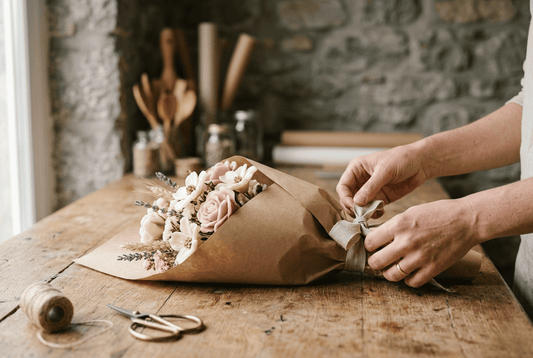 Manos preparando un ramo de flor de cera para envío con papel kraft y cinta en mesa de madera