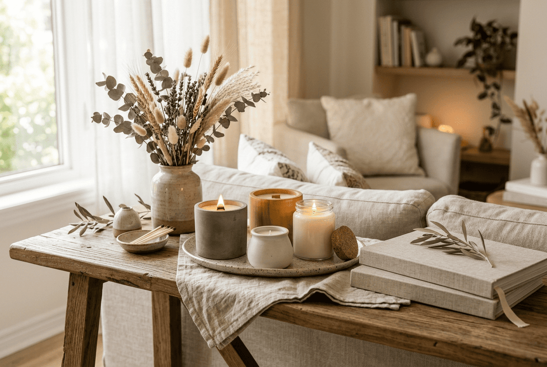 Decoración con velas aromáticas en un salón acogedor con velas artesanales sobre una mesa de madera