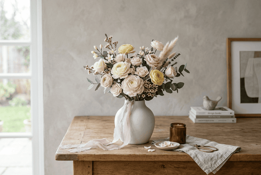Ramo de flores de cera decorando un interior de hogar sobre una mesa de madera con jarrón blanco