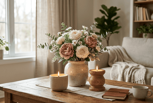 Flores artificiales con velas aromáticas decorando una mesa de salón en un ambiente cálido y acogedor