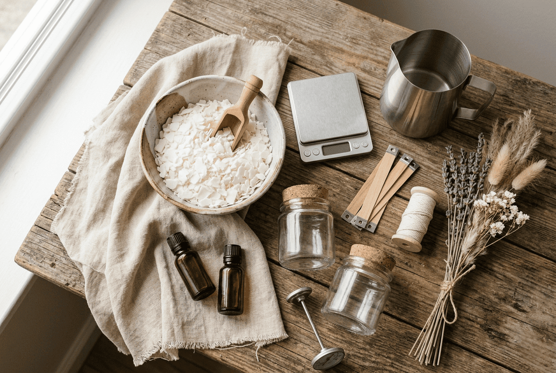 Materiales para hacer velas aromáticas: cera de soja, mechas, termómetro, jarra y frascos de fragancia sobre madera rústica