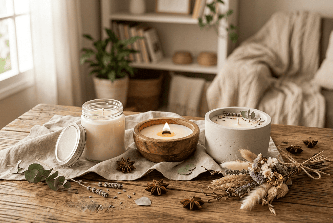 Bodegón con varios tipos de velas aromáticas artesanales en recipientes de cemento, madera y vidrio sobre mesa rústica