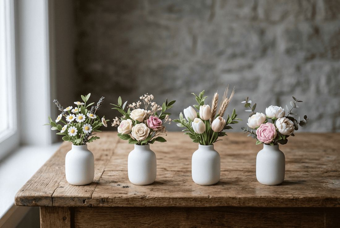 Comparativa visual de variedades de flor de cera: margaritas, rosas, tulipanes y peonías en mini ramos sobre madera