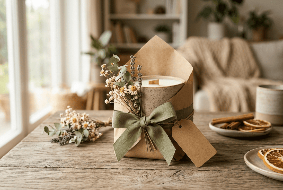 Vela aromática artesanal preparada como regalo en una mesa elegante con flores decorativas y luz cálida