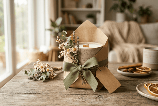 Vela aromática artesanal preparada como regalo en una mesa elegante con flores decorativas y luz cálida