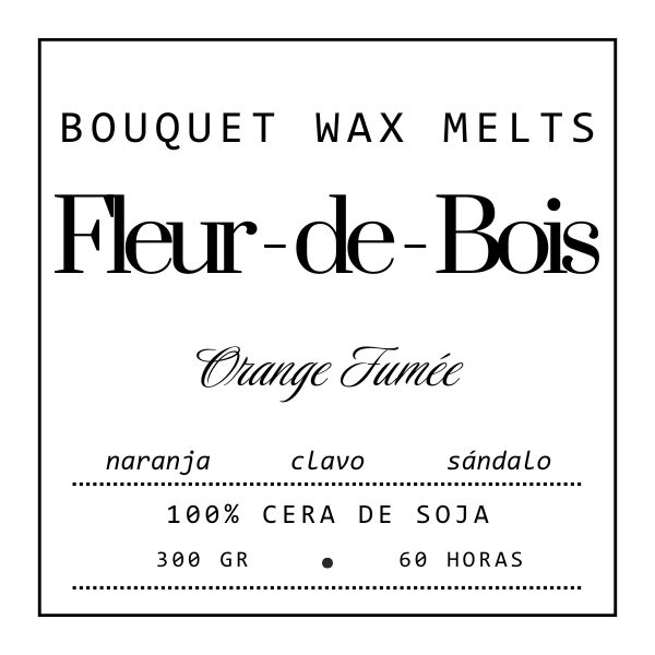 Una etiqueta blanca con texto negro en varios tipos de letra para Fleur-de-Bois Ramo de Flores Margaritas Clásico de Cera de Soja ORANGE FUMÉE, con los aromas: naranja, clavo, sándalo; 100% cera de soja, 300g, 60 horas-un regalo romántico.