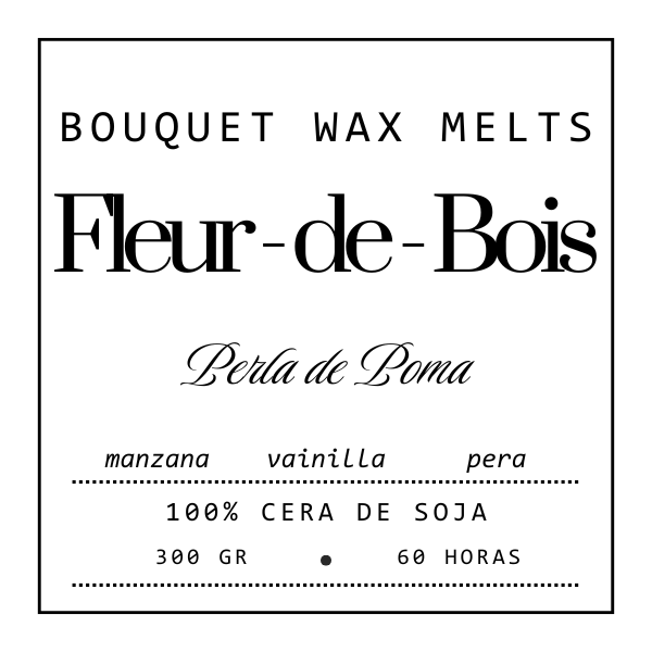 Etiqueta cuadrada de producto para Fleur-de-Bois Ramo de Flores Margaritas Clásico de Cera de Soja PERLA DE POMA, aroma de manzana, vainilla y pera. Minimalista en blanco y negro. 100% cera de soja, 300g, 60h-perfecto como regalo romántico o ramo decorativo.
