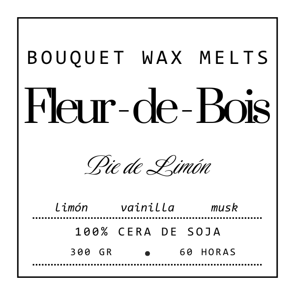 Etiqueta en blanco y negro para Ramo de Flores Rosas CLÁSICO de Cera de Soja Fleur-de-Bois PIE DE LIMÓN wax melts by Fleur-de-Bois: Limón, vainilla y almizcle. 100% cera de soja, 300 gr, 60 horas. Diseño enmarcado con línea fina.