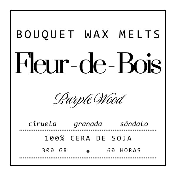 Fleur-de-Bois Ramo de Flores Margaritas Clásico de Cera de Soja PURPLE WOOD: 100% cera de soja, 300g, duración 60h. Notas de ciruela, granada y sándalo. Texto negro sobre fondo blanco.