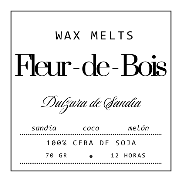 Etiqueta en blanco y negro para Wax Melts Barra de chocolate Fleur-de-Bois DULZURA DE SANDÍA, hecha con cera de soja e ingredientes de sandía, coco y melón. 70g, 12 horas de uso; ideal como regalo personalizado.