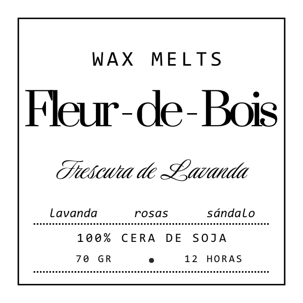 Etiqueta en blanco y negro para Wax Melts Barra de chocolate Fleur-de-Bois FRESCURA DE LAVANDA, con aroma de lavanda, rosas y sándalo. Hechos a mano con cera de soja 100%, 70 g, duración 12 h. Aroma personalizado.