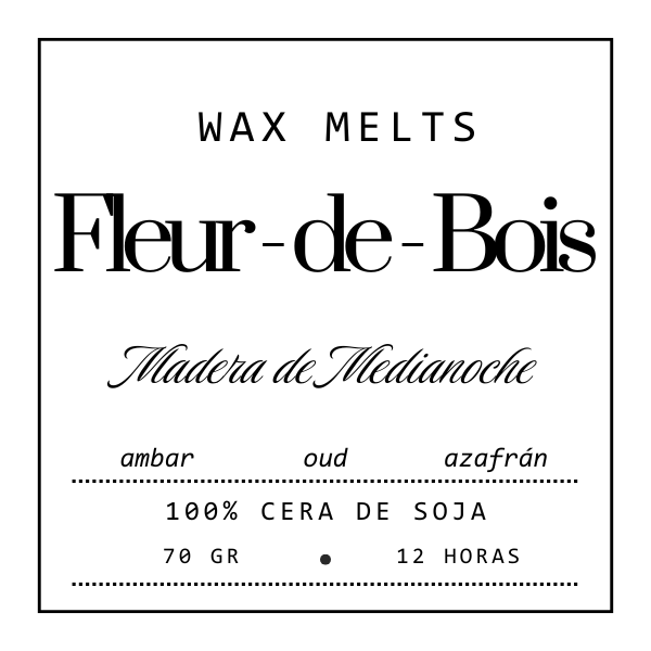 Etiqueta cuadrada para Wax Melts Barra de chocolate Fleur-de-Bois MADERA DE MEDIANOCHE. Notas: ámbar, oud, azafrán. Aroma único con 100% cera de soja, 70g y duración de 12h. Texto negro sobre fondo blanco.