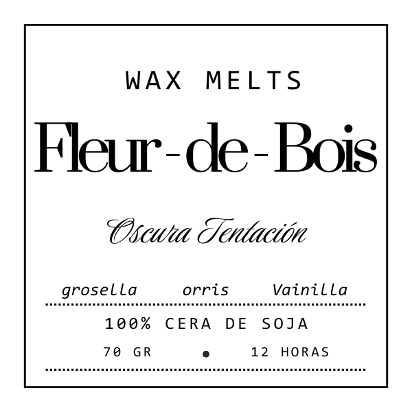 Etiqueta en blanco y negro para Wax Melts Barra de chocolate Fleur-de-Bois OSCURA TENTACIÓN, con aroma a grosella, orris y vainilla, cera de soja 100%, 70g y duración de 12 horas; diseño moderno minimalista - ideal como regalo personalizado.