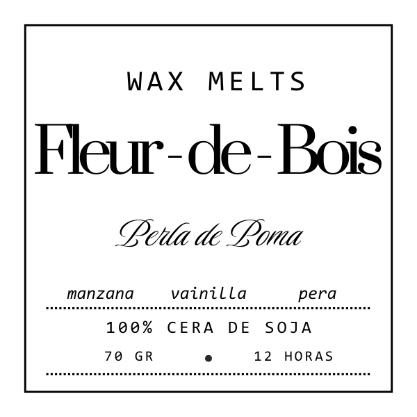 Etiqueta cuadrada para Wax Melts Barra de chocolate Fleur-de-Bois PERLA DE POMA: manzana, vainilla y pera. 100% cera de soja, 70g, hasta 12 horas. Diseño elegante en blanco y negro-ideal como regalo aromático. Marca: Fleur-de-Bois.