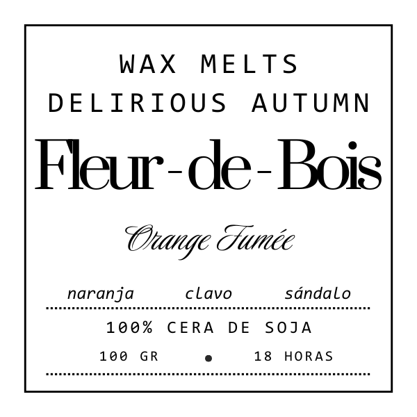 Etiqueta en blanco y negro para Esencias en Miniatura DELIRIOUS AUTUMN ORANGE FUMÉE de Fleur-de-Bois, con notas de naranja, clavo y sándalo. Texto: "100% cera de soja", "100 gr", "18 horas".