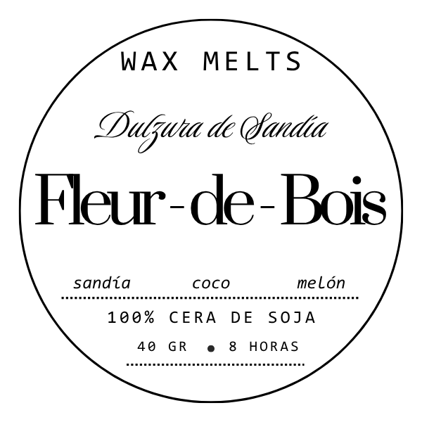 Etiqueta redonda para Wax Melts Láminas Aromáticas Fleur-de-Bois DULZURA DE SANDÍA: cera de soja 100%, 40g, hasta 8h de fragancia elegante a sandía, coco y melón. Marca Fleur-de-Bois.