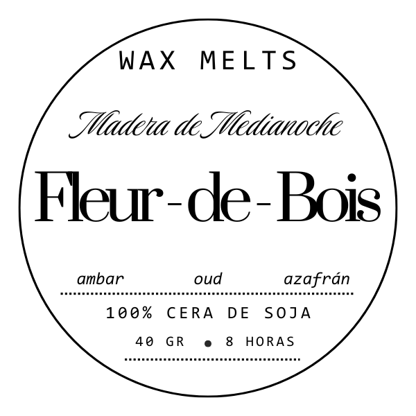 Etiqueta redonda en blanco y negro para Wax Melts Láminas Aromáticas Fleur-de-Bois MADERA DE MEDIANOCHE de Fleur-de-Bois: ámbar, oud y azafrán. 100% cera de soja aromática, 40g, duración 8 horas. Varias fuentes y estilos.