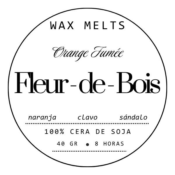Etiqueta circular blanca y negra para Fleur-de-Bois Wax Melts Láminas Aromáticas ORANGE FUMÉE: fragancias premium, naranja, clavo, sándalo, 100% cera de soja, 40g, duración 8h.