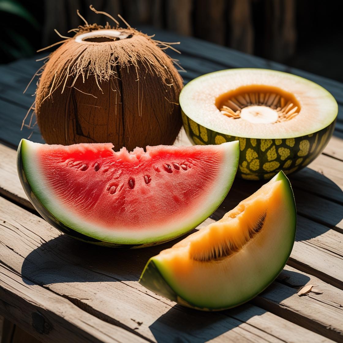 Un coco entero, un melón partido por la mitad, una rodaja de sandía y una rodaja de melón descansan sobre una mesa de madera a la luz del sol, evocando la dulzura veraniega de Fleur-de-Bois Wax Melts Barra de chocolate DULZURA DE SANDÍA.