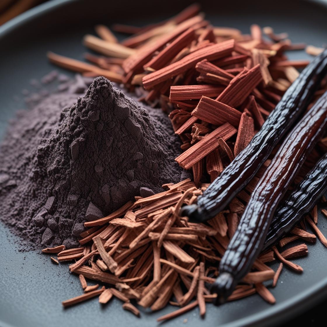 Sobre un plato negro descansan polvo púrpura oscuro, virutas de madera rojizas y dos vainas de vainilla, evocando el aroma especiado de la Wax Melts Barra de chocolate Fleur-de-Bois ESPECIAS DE MADERA de Fleur-de-Bois.