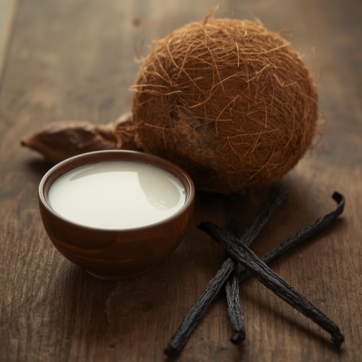 El Ramo de Rosas Clásico de Cera de Soja BOIS DE COCO de Fleur-de-Bois descansa junto a un coco, dos vainas de vainilla y velas derretidas florales sobre una superficie de madera rústica.