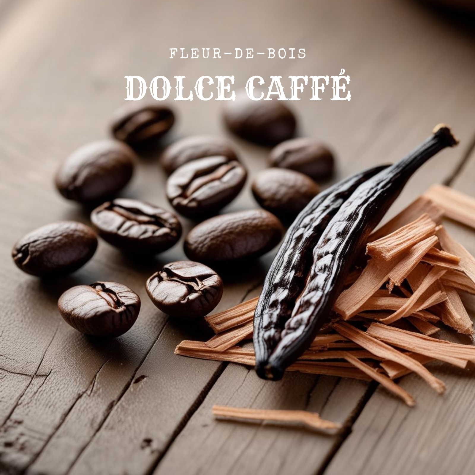 Granos de café, una vaina de vainilla y virutas de madera sobre madera con "Fleur-de-Bois" encima evocan un aroma rústico - perfecto emparejado con el Ramo de Rosas, Tulipanes y Peonias XL de Cera de Soja Fleur-de-Bois para un regalo romántico o con una vela floral.