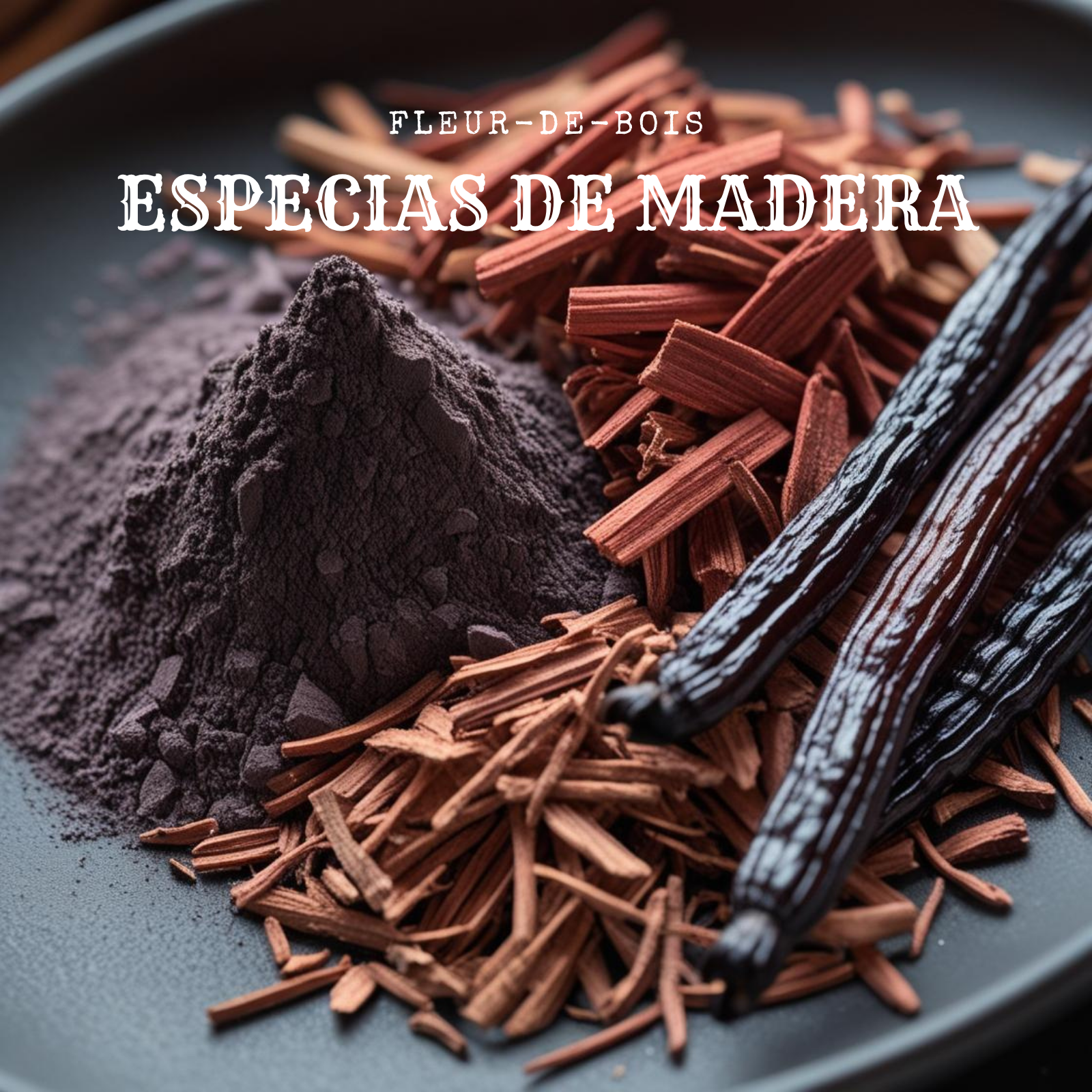 Un plato oscuro muestra polvo morado, virutas de madera rojizas y vainas de vainilla, que reflejan el aroma floral de Ramo de Rosas, Tulipanes y Peonias XL de Cera de Soja de Fleur-de-Bois. En la imagen aparece el texto Fleur-de-bois Especias de Madera.
