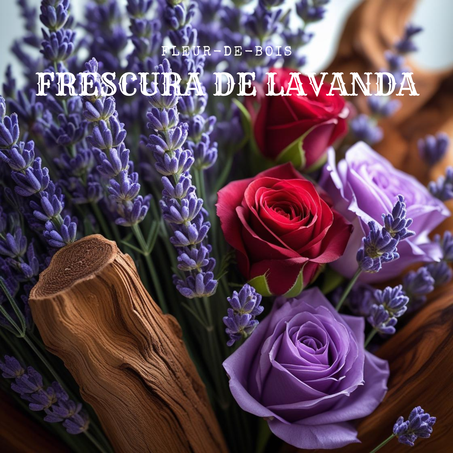 Un Ramo de Rosas, Tulipanes y Peonias XL de Cera de Soja de Fleur-de-Bois descansa sobre una superficie de madera. Texto sobre la imagen: FLEUR-DE-BOIS FRESCURA DE LAVANDA.