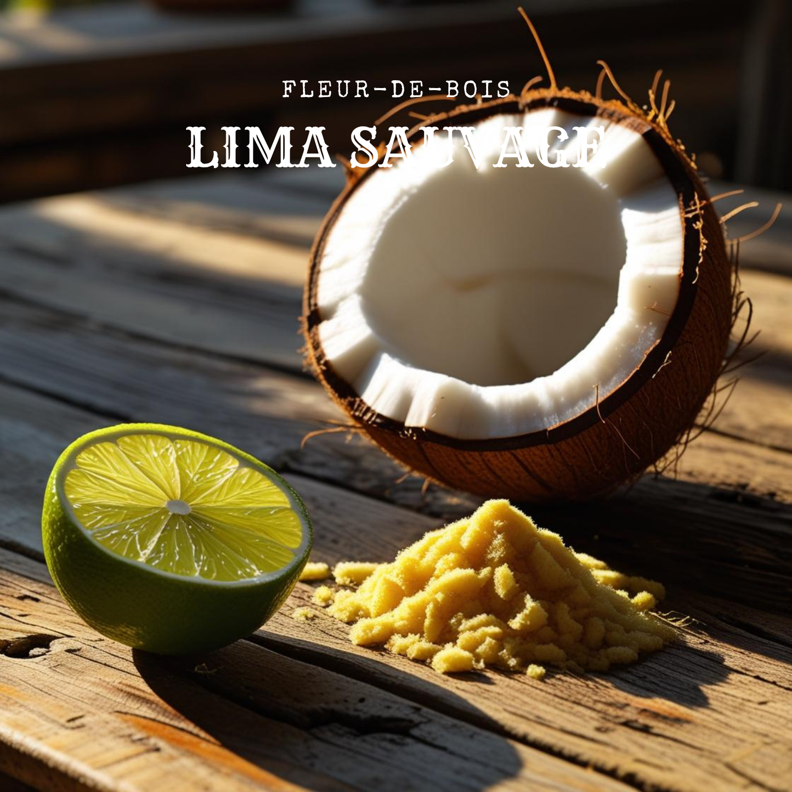 Un coco partido por la mitad, rodajas de lima y polvos amarillos se asientan sobre una mesa rústica, evocando el aroma del Ramo de Rosas, Tulipanes y Peonias XL de Cera de Soja de Fleur-de-Bois. Sobre ellos aparece "FLEUR-DE-BOIS LIMA SAUVAGE".