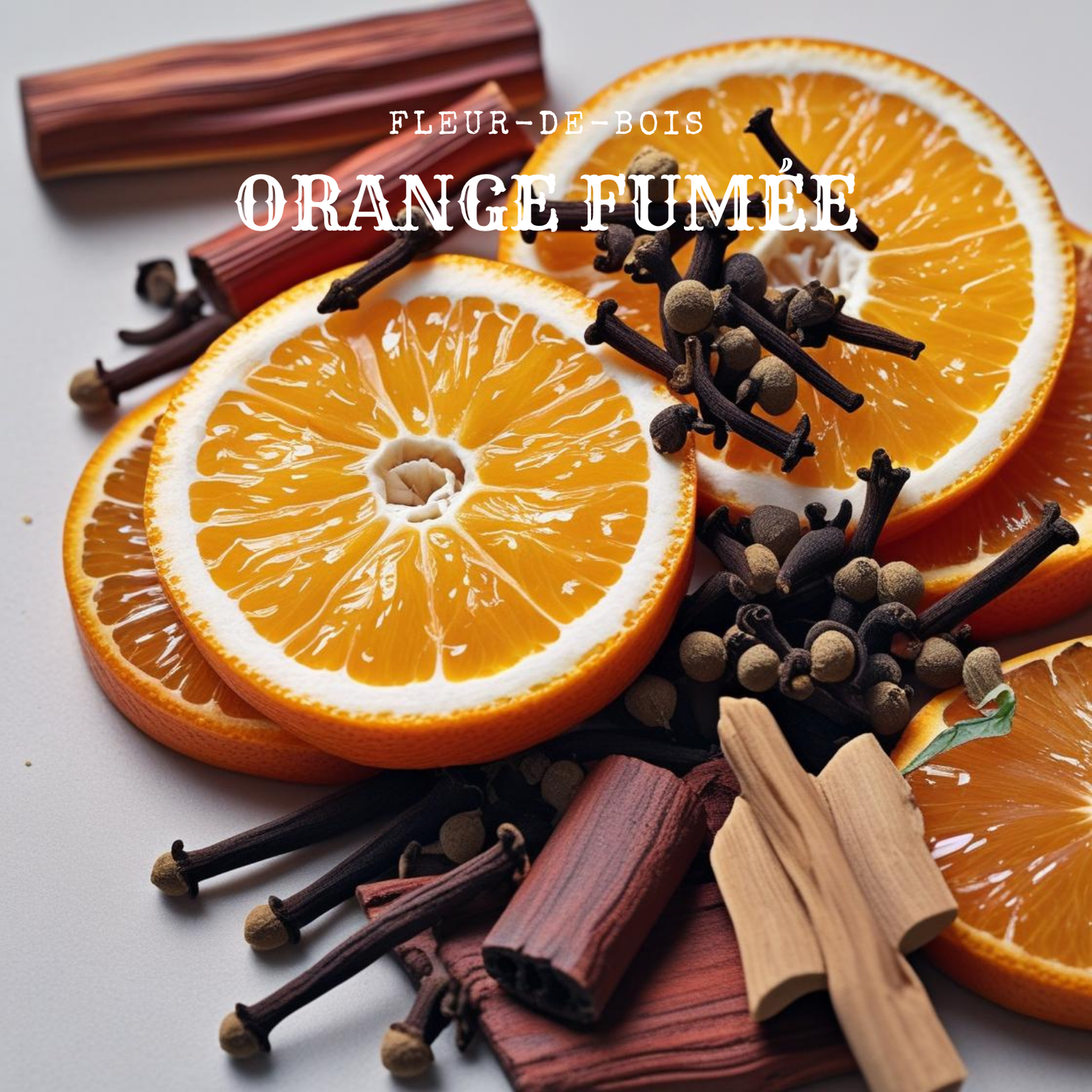 Naranjas en rodajas, especias y canela dispuestas sobre una superficie clara. El texto reza "Fleur-de-Bois Orange Fumée". La romántica escena se completa con el Ramo Fleur-de-Bois de Rosas, Tulipanes y Peonias XL de Cera de Soja.