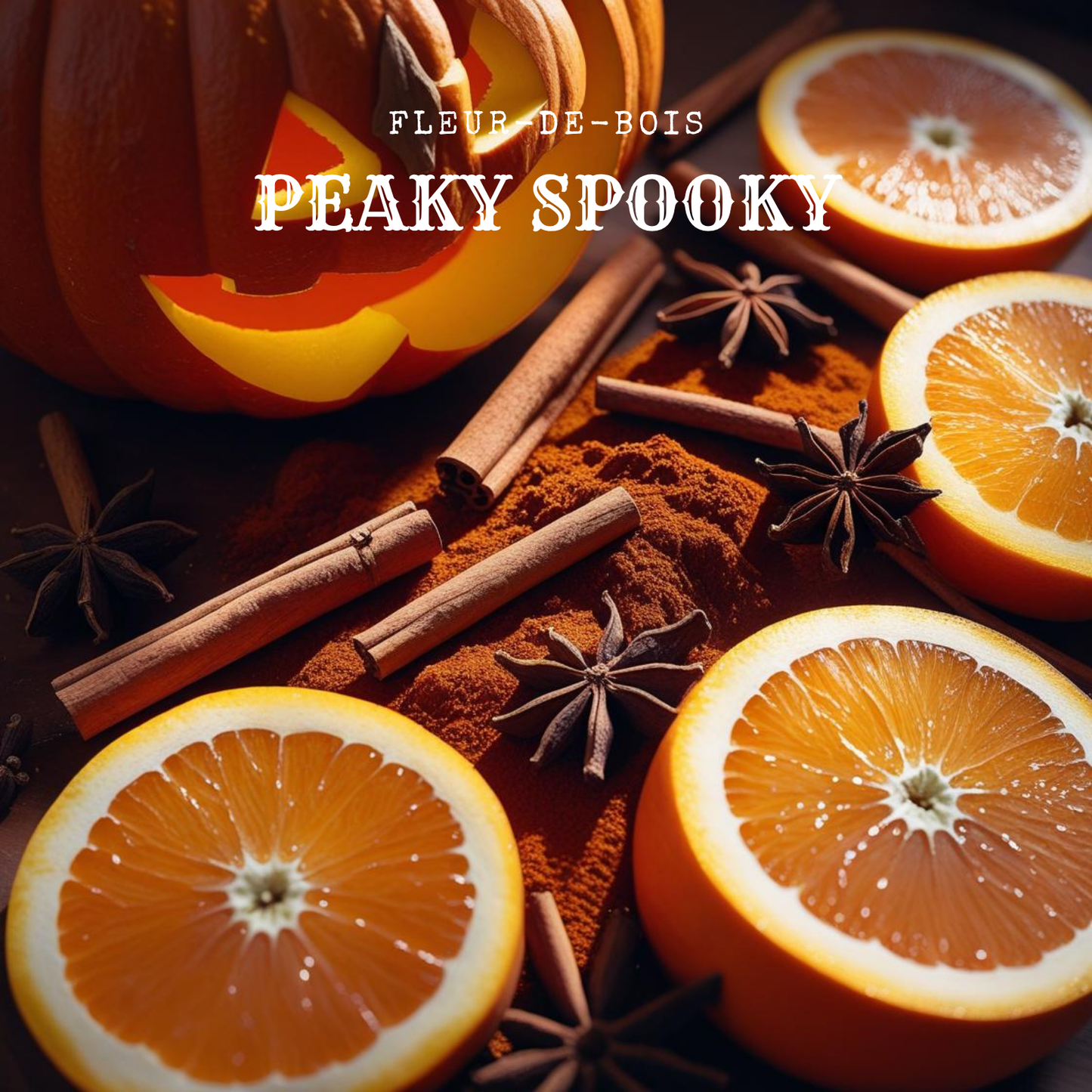 Una calabaza tallada, naranjas en rodajas, palitos de canela y anís estrellado se disponen sobre una superficie oscura con la leyenda "Fleur-de-Bois Peaky Spooky" encima, complementada por el cálido resplandor del Ramo de Rosas, Tulipanes y Peonias XL de Cera de Soja Fleur-de-Bois.