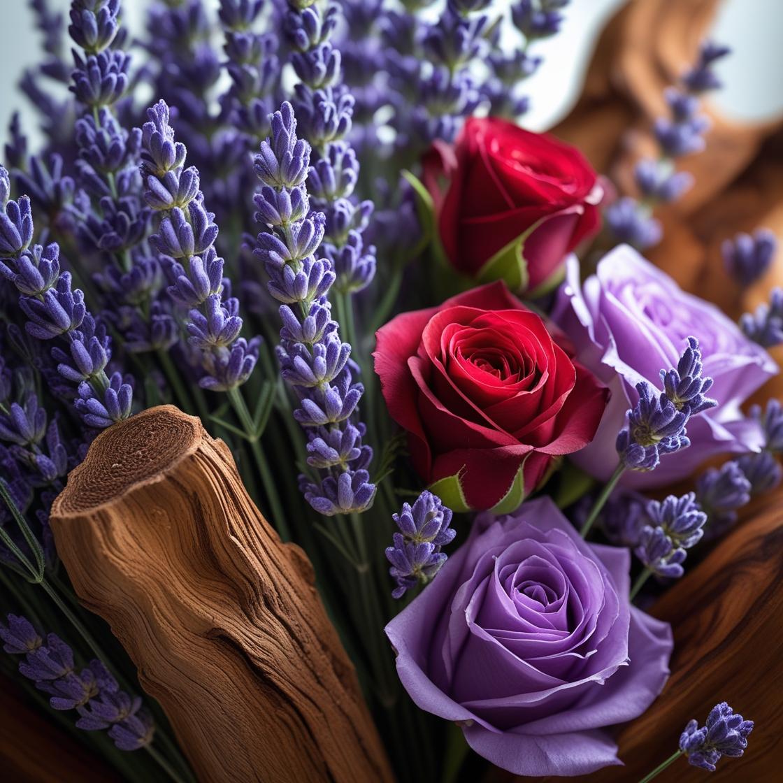 Un ramo inspirado en el wax melts Barra de Chocolate FRESCURA DE LAVANDA Fleur-de-Bois, con rosas rojas y lavanda, flores de lavanda púrpura, madera decorativa y un aroma personalizado que recuerda a las ceras derretidas hechas a mano.
