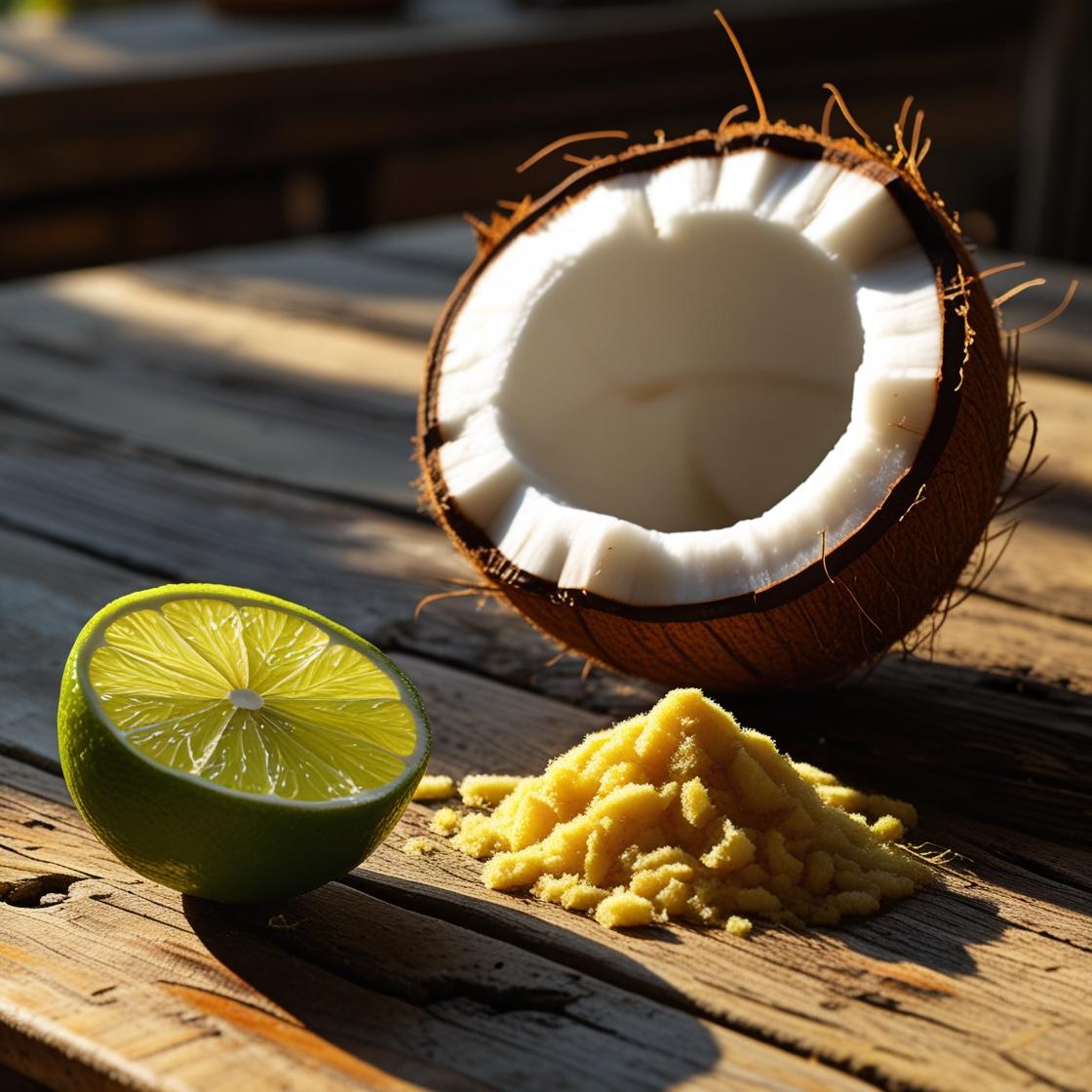 Un coco partido por la mitad, una lima cortada y ralladura amarilla sobre una mesa rústica evocan la Flor de Bois Wax Melts Barra de chocolate LIMA SAUVAGE-ideal para elaborar cera de soja como regalo personalizado.